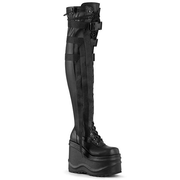 Demonia Women's Wave-315 Platform Thigh High Boots - Black Stretch Vegan Leather D9841-20US Clearance